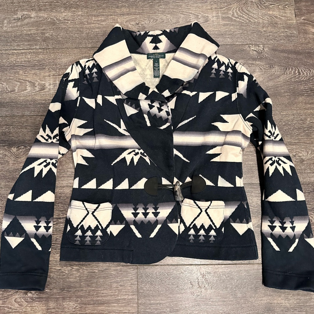 Ralph Lauren Black & Cream Southwestern Aztec Shawl Collar Cardigan size LG